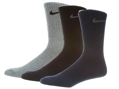 Nike Men's Cotton Lightweight Crew with Moisture Management 3-Pair Pack Grey Heather/Black/Obsidian/Nano Grey/Black/Nano Grey Socks LG (Men's Shoe 8-12)