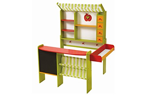 roba Kaufladen 'Marktstand', Kinder Kaufmannsladen, Holz grün/rot, Verkaufsstand mit Theke, Tafel, Seitentheke & Markise