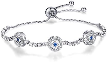 Tusuzik 925 Sterling Silver Expandable Lucky Blue Evil Eye Adjustable Chain Bracelet with Sparkling Cubic Zirconia Tennis for Women Girls