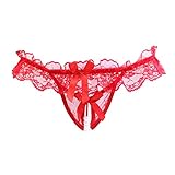 DivaCat Lace Pearl Panties Open Crotch G Strings Low-Waist One Size (Red)