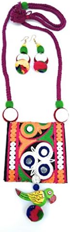 Prapti handicraftCotton Thread Kuchi Aari Work Multi-Colour Necklace Earring Jewellery Set For Women