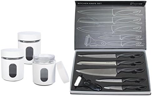 PriorityChef 3 Piece White Colored Tea, Coffee, Sugar Jar Set and 6 Piece Knife Set Bundle, Perfect Gift for Housewarmings and Birthdays
