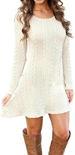 Kolylong Women Long Sleeve Crewneck Jumper Slim Casual Knitted soft Sweater Mini Dress (UK:10=M, White)