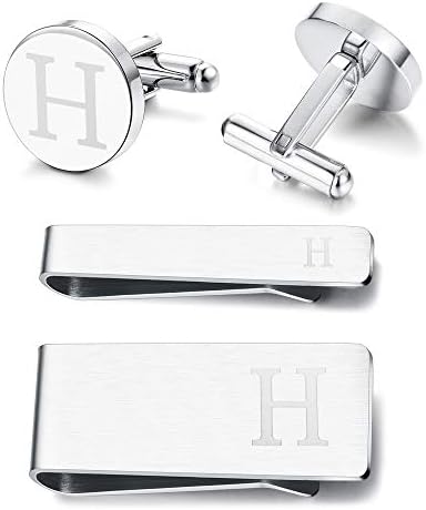 4 PCS Tie Bar Money Clip Cufflinks for Men Stainless Steel Personalized Initials Alphabet A-Z Business Gift Set