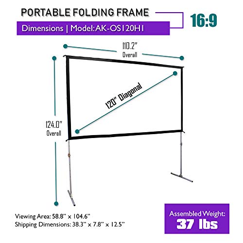 Akia Screens 120” Indoor Outdoor Portable Projector Screen with Stand 16:9 8K 4K Ultra HD 3D Ready Movie Theater Home Theater Adjustable Height Foldaway Easy Snap Aluminum Projection Screen AK-OS120H1