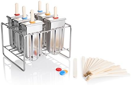 Stainless Steel Popsicle Mold (Set of 6) - Perfect for Homemade popsicles and Paletas. Comes with 30 Reusable Bamboo Sticks, 6 lids, and 9 Silicone Circles, and a Stand to Hold the Molds.