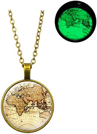 World Map Glowing Necklace Glass Dome Cabochon Pendant Glow In The Dark Jewelry Women Gift (Brass)