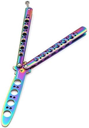 Butterfly Knife Training Standard Size Stainless Steel Practice Folding Balisong Knife Unsharpened Blade, Rainbow