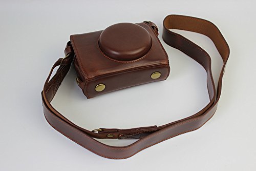 Full Protection Bottom Opening Version Protective PU Leather Camera Case Bag with Tripod Design Compatible For Canon PowerShot G7x Mark ii with Shoulder Neck Strap Belt Dark Brown