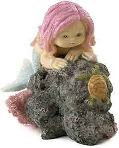 HALACA - Miniature Figurine Fairy Garden Supplies for ~ Little Mermaid with Baby Sea Turtle on Rock for.