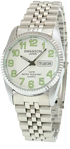 Swanson Men's Stainless Steel Day-Date Watch White Dial with Luminescent Large Numbers