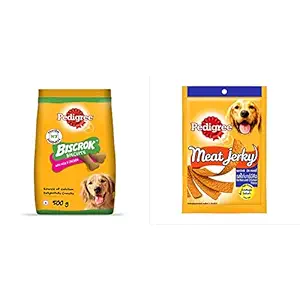 Pedigree Biscrok Biscuits Dog Treats (Above 4 Months), Milk and Chicken Flavor, 500G Pack & Meat Jerky Adult Dog Treat, Barbecued Chicken, 80G Pack