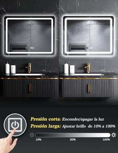 SAGIWO Espejo de Baño LED Cuadrado de 90 * 70 cm, Espejo Inteligente para Baño Antivaho con Luz Ajustable,Iluminado en 3 Colores con Espejo de Pared Horizontal,Botones Táctiles