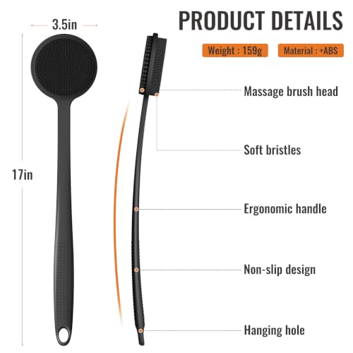 Silicone Back Scrubber, 17In Extended Anti-Slip Handle Body Scrubber Body Brush Back Brush Long Handle for Shower Double Sided Shower Brush Back Washer for Cleansing and Exfoliating, Bath Essentials