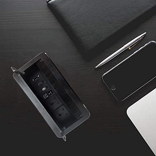 ZESHAN conference Table Power Socket Connectivity Box power extension with UK Plug, USB Data, HDMI, VGA, Telephone and Internet Black for home office desk