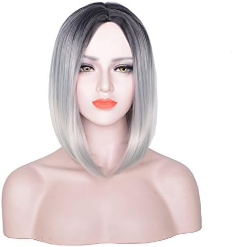 AOGSY Short Wigs for Women Bob Straight Synthetic Hair Natural Ombre Cosplay Colorful 14" inches (Grey)