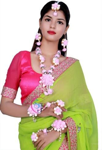 Pink Non Precious Metal Gotta Patti Flower Pearl Earrings Mang Tika Bracelet for Women - 7 Pcs