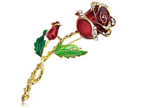 Alilang Womens Belle Red Rose Flower Enamel Crystal Rhinestone Brooch Pin Golden Tone