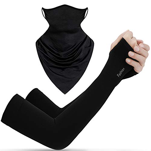BOBILIFE Cooling Arm Sleeves and Face Mask with Neck Gaiter for UV Protection - Sun Block for Men & Women, for Outdoor Sports, Running, Golf, Cycling, Driving, Fishing (Black, Small/Medium)