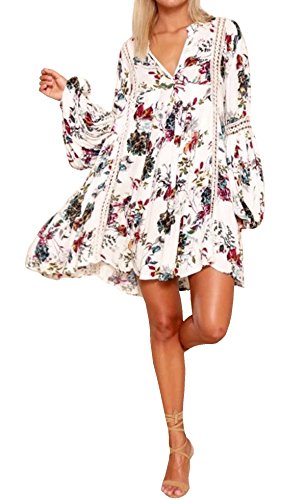 R.Vivimos Women Cotton Long Sleeve Floral Print Casual Swing Short Dresses (Small,White)