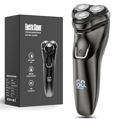 Aparelho de Barbear Elétrico Masculino Sem Fio, Barbeador Rotativo à Prova d’Água para Uso Seco e Molhado, Carregamento USB Rápido, Aparador Pop-up, Lâminas de Precisão, Preto