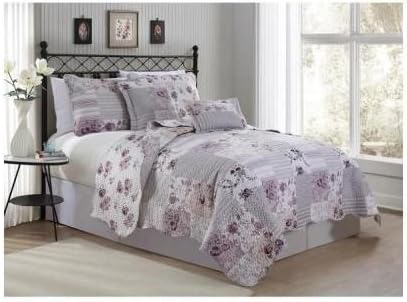 Reversible Modern Quilt Bedding Set Floral Grey Purple with Decorative Pillows (queen)