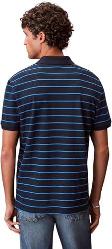 Uomo Maglietta Polo Maniche Corte Striped Pique con Chiusura con Bottoni, Blu (Dark Sapphire), M