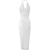 OYOANGLE Women's Beach Cover Up Lace Trim High Slit Sleeveless Halter Sheer Long Swim Dress Swimwear