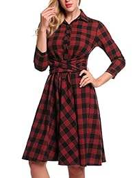 BURLADY - Vestido de cuadros para mujer, manga 3 4 con botones y cinturón