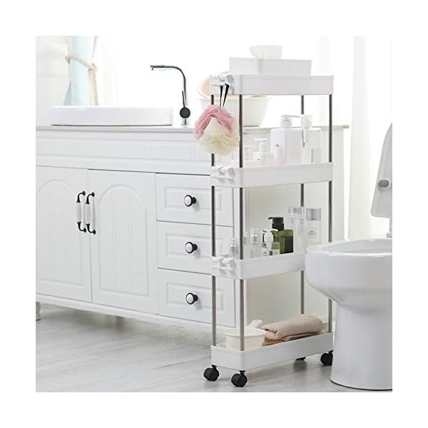 SPACEKEEPER-Storage-Trolley-4-Tier-Slim-Storage-Cart-Slide-Out-Rolling-Utility-Cart-Mobile-Shelving-Unit-Trolley-Organizer-Cart-for-Kitchen-Bathroom-Laundry-Office-Plastic-Stainless-Steel-White SPACEKEEPER Storage Trolley 4-Tier Slim Storage Cart Slide Out Rolling Utility Cart Mobile Shelving Unit Trolley…
