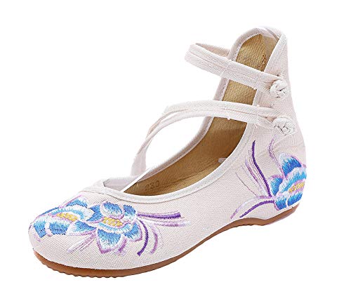 AvaCostume Womens Embroidery Rubber Sole Summer Wedges Sandals Fashion Dress Shoes for Cheongsam, Beige, 37