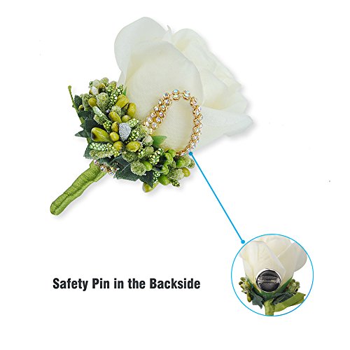 YSUCAU Rose Silk Corsage / Boutonnieres, Handmade Groom Groomsman Best Man Wedding Flowers, DIY Flowers for Wedding Prom Party (Gift Box Of 4)