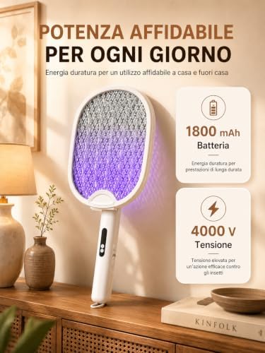 Racchetta Zanzare Elettrica 4000V Pieghevole USB-C 1800mAh Bianco
