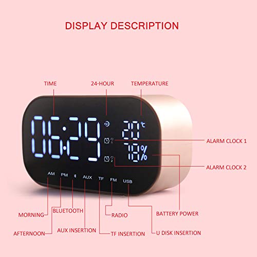 Fashionwu Mini Bluetooth Speaker Wireless Stereo Portable LCD FM Radio Alarm Clock Outdoor Speaker Rose Gold