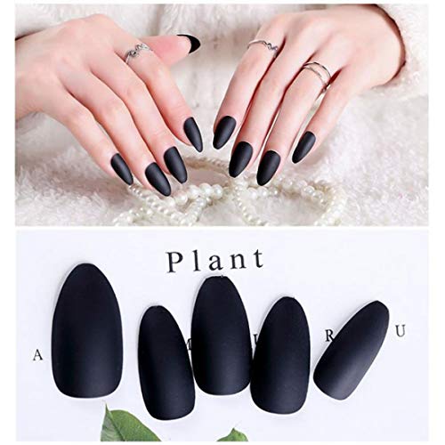 24pcs Matte Pure Color Stiletto Nails False Gel Nails Art Tips Sets Full Cover Medium Almond Shape Acrylic Fake Nail Tips Gel (Matte Black)