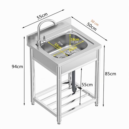 Vockol Stainless Steel Sink Freestanding 1 Basin, 55 × 50 × 94 cm Commercial Sink with Tap, Professional Kitchen Sink for Kitchen, Restaurant, Bar, Cafe, Garage, Indoor and Outdoor