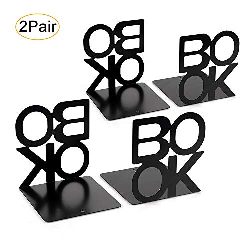 Metal Bookends, Nonskid Letter Pattern Book Ends for Shelves Office Decorative, Book Stopper for Books, DVD, Video Games, Maganize,Black 4.9 x 5.1 x 5.5inch, 2Pair/4Piece - Thumbnail 5