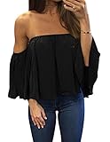 Women’s Summer Off Shoulder Chiffon Blouses Short Sleeves Sexy Tops Shirt Fashion Casual Ruffles Solid Loose Fit Blouses T Shirt (S, Black)