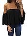 Women's Summer Off Shoulder Blouses Short Sleeves Sexy Tops Chiffon Ruffles Casual T Shirt (M,Black)