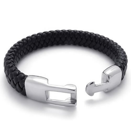 KONOV Black Leather Mens Bracelet Stainless Steel Clasp, Black