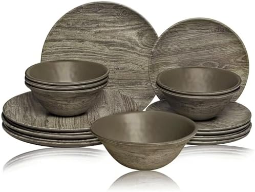 TP Melamine Dinnerware Set, 18-Piece Rustic Dishes Set, Dinner