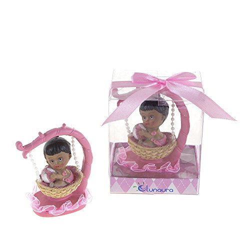 Lunaura Baby Keepsake - Set of 12 "Girl" Black Ethnic Baby Sitting in Hanging Basket Favors - Pink