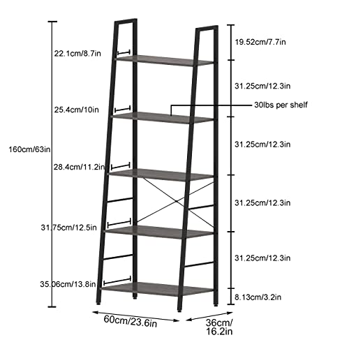 Gadroad Ladder Bookcase Industrial 5Tier Bookshelf, Free Standing Ladder Shelf with Metal Frame