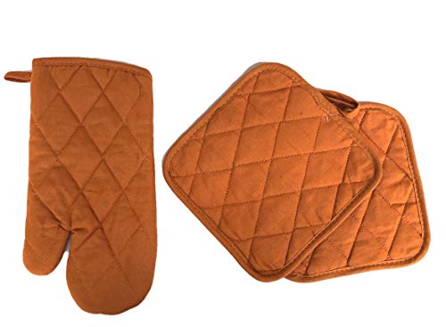 Plum Nellie's Treasures 3pc Set Oven Mitt & Potholders Set Colorful Kitchen Collection (Orange)