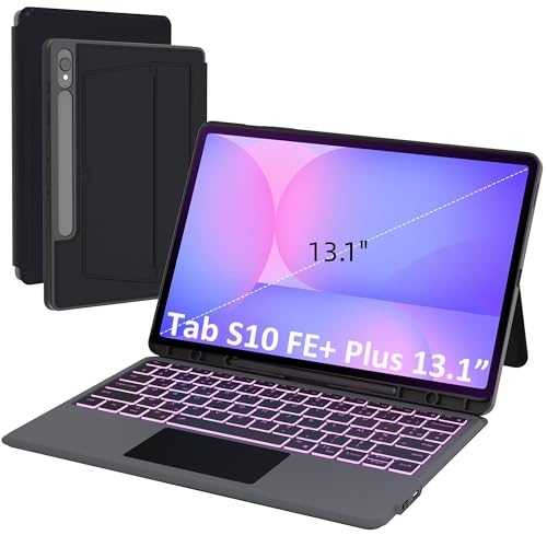 Keyboard Case for Samsung Galaxy Tab S10 FE+ Plus 13.1 Inches: 7 Colour Backlit Magnetic Detachable Keyboard with Trackpad | Azerty French Wireless Keyboards for Galaxy Tablet S10 Fe+ 13.1