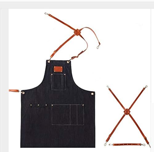 WGXCC Apron Long Black Denim Bib Apron Leather Strap Barista Baker Bartender Uniform Barber Florist Hairdresser Painter Artist Work Wear Environmentally friendly and durable