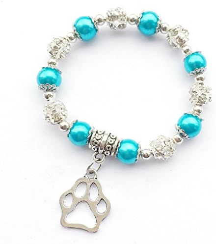 DOLON 6" 8mm Teal Faux Pearl Beaded Rhinestone Ball Animal Dog Cat Paw Print Charm Bracelet Strethy Pet Puppy Mom Lover Jewelry Girls Gift