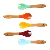 Avanchy First Stage Baby Kids Toddler Training Fork Soft Tip Silicone - Natural Bamboo, Self Feeding Utensils Set, Gift Set - 5 Pack, Assorted Colors