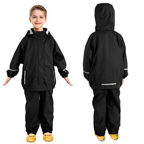 Andake Kids Rain Suit, Waterproof Rain Jacket and Bib Overall (Black, S (4-5Y))