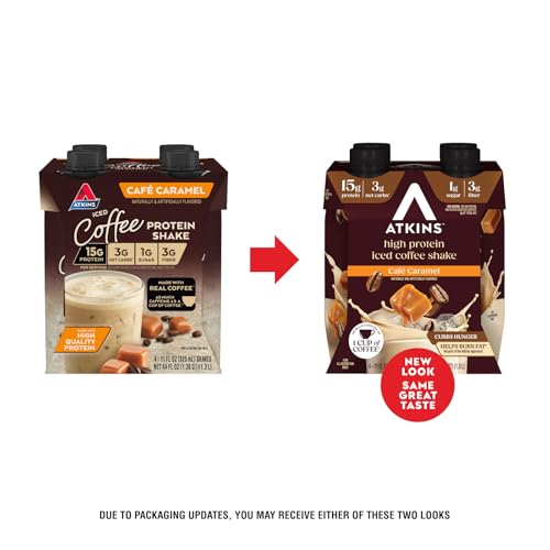 ATKINS CAFÉ CARAMEL ICED COFFEE FLAVORED PROTEIN SHAKE, HIGH PROTEIN SHAKE, LOW GLYCEMIC, LOW CARB AND LOW SUGAR, KETO FRIENDLY, GLUTEN FREE, 12 COUNT